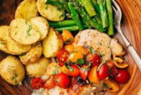 One-Pan Bruschetta Chicken with Roasted Potatoes and Asparagus