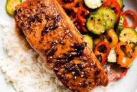Spicy Chili Crisp Salmon with a Cool Cucumber Sweet Pepper Salad