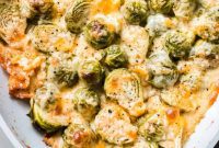 Golden Garlic Cream Brussels Sprouts Gratin