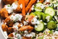 Delicious Buffalo Chicken Bowls with Sweet Potato Fries