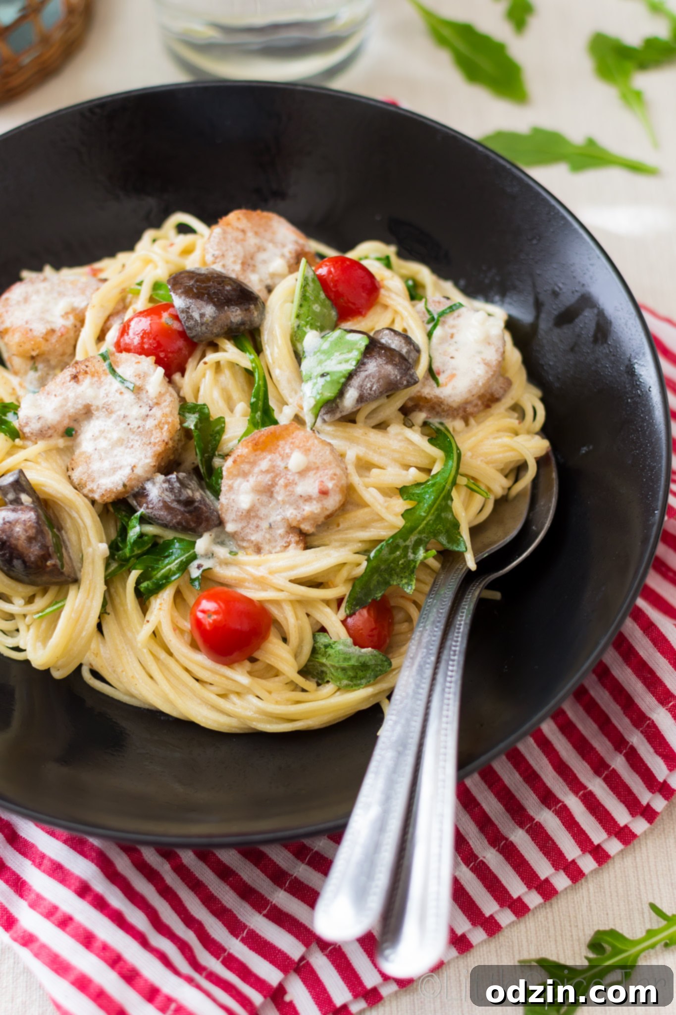 black bowl with prepared bistro shrimp pasta with fork and spoon 