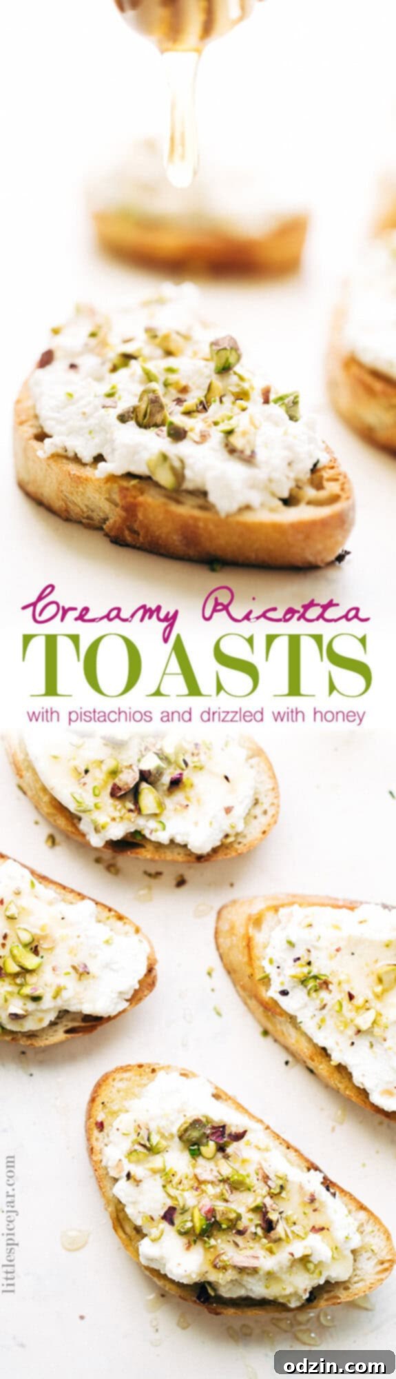 Ricotta Toasts with Pistachios and Honey - A quick and easy appetizer. The bread is warm, the ricotta is creamy, with a kiss of chopped pistachios and a drizzle of honey! #appetizers #toasts #ricottatoasts #aldigram #sponsored | Littlespicejar.com