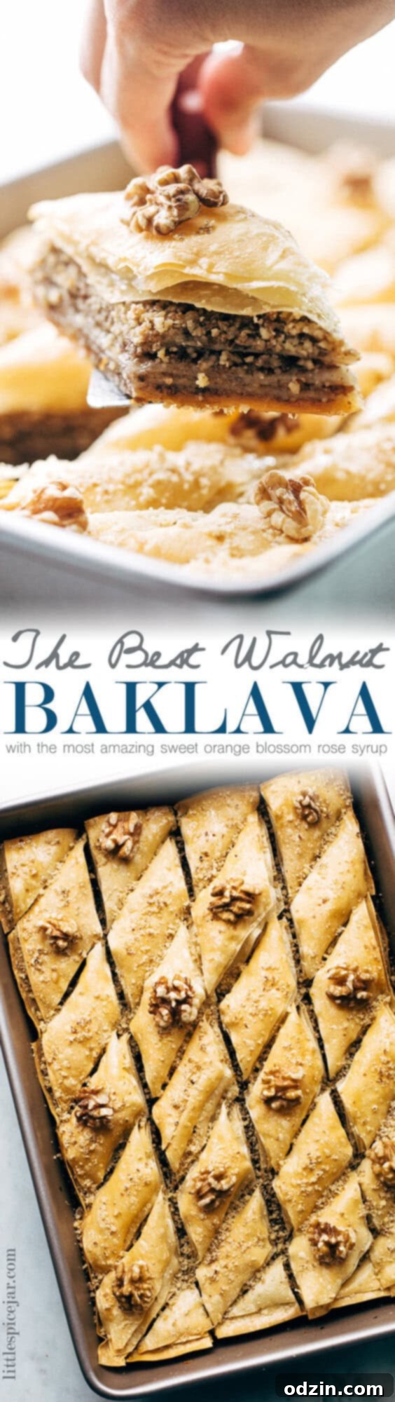 Holiday Walnut Baklava - buttery phyllo with layers of ground walnuts in between and drizzled with a homemade simple syrup with sweet orange blossom and rose water! So good! #baklava #walnutbaklava #lebanesebaklava | Littlespicejar.com