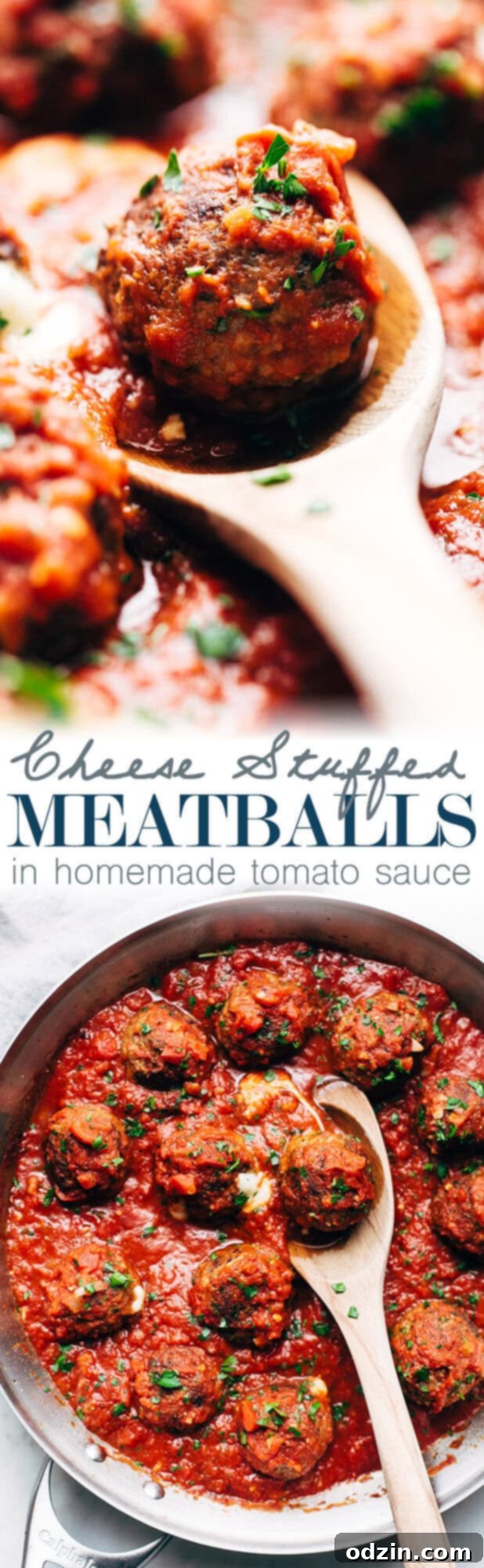 Cheesy Stuffed Meatballs in Homemade Tomato Sauce - The perfect meal for spaghetti and meatball night! Or serve them as party appetizers for New Years, Christmas, and Super Bowl parties! #stuffedmeatballs #cheesestuffedmeatballs #homemadetomatosauce | Littlespicejar.com