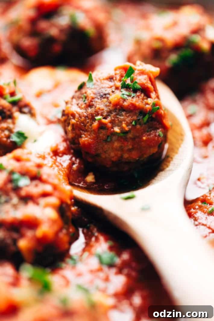 Cheesy Stuffed Meatballs in Homemade Tomato Sauce - The perfect meal for spaghetti and meatball night! Or serve them as party appetizers for New Years, Christmas, and Super Bowl parties! #stuffedmeatballs #cheesestuffedmeatballs #homemadetomatosauce | Littlespicejar.com