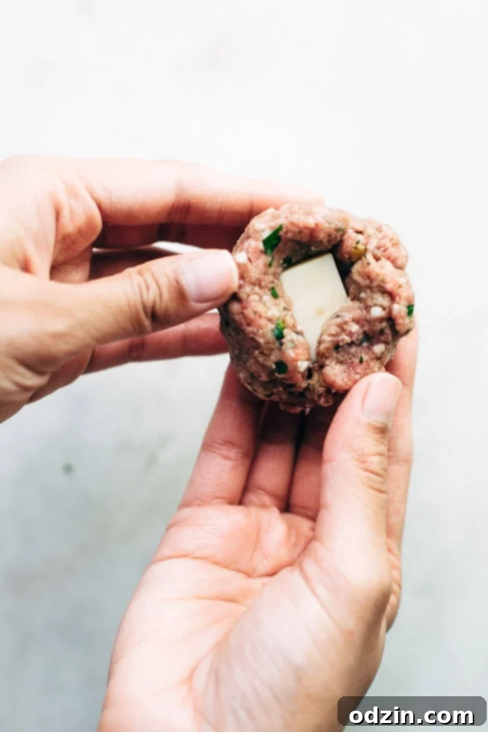 Cheesy Stuffed Meatballs in Homemade Tomato Sauce - The perfect meal for spaghetti and meatball night! Or serve them as party appetizers for New Years, Christmas, and Super Bowl parties! #stuffedmeatballs #cheesestuffedmeatballs #homemadetomatosauce | Littlespicejar.com