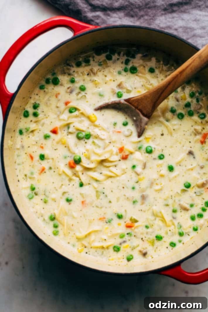 Simmering Creamy Chicken Pot Pie Soup Close-up of Creamy Chicken Pot Pie Soup simmering - The rich and savory broth is filled with tender chicken, colorful vegetables, and egg noodles, hinting at its delicious comfort. #creamysoup #homemadechickensoup