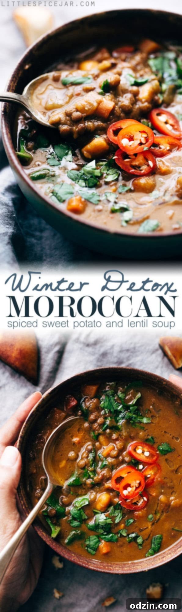 Winter Detox Moroccan Sweet Potato Lentil Soup - an easy, vegetarian detox soup that's loaded with tons of veggies, lentils and sweet potatoes to keep you full! Light on the calories too! #moroccansoup #soup #lentilsoup #slowcooker | Littlespicejar.com Winter Detox Moroccan Sweet Potato Lentil Soup - an easy, vegetarian detox soup that's loaded with tons of veggies, lentils, and sweet potatoes to keep you full! Light on the calories too! #moroccansoup #soup #lentilsoup #slowcooker | Littlespicejar.com