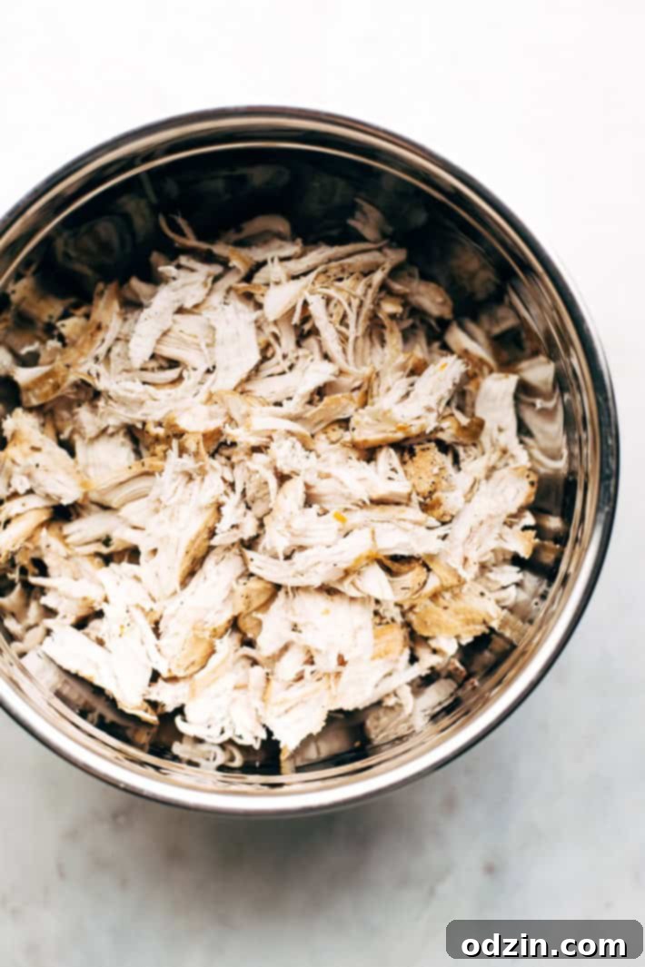 Pressure Cooker Crispy Chicken Carnitas - The easiest way to make carnitas! This instant pot recipe makes the most delicious carnitas! Top with lots of cilantro, onions, sautéed cabbage, and homemade chipotle sauce! #instantpot #carnitas #chickencarnitas #pressurecooker | Littlespicejar.com shredded chicken in bowl