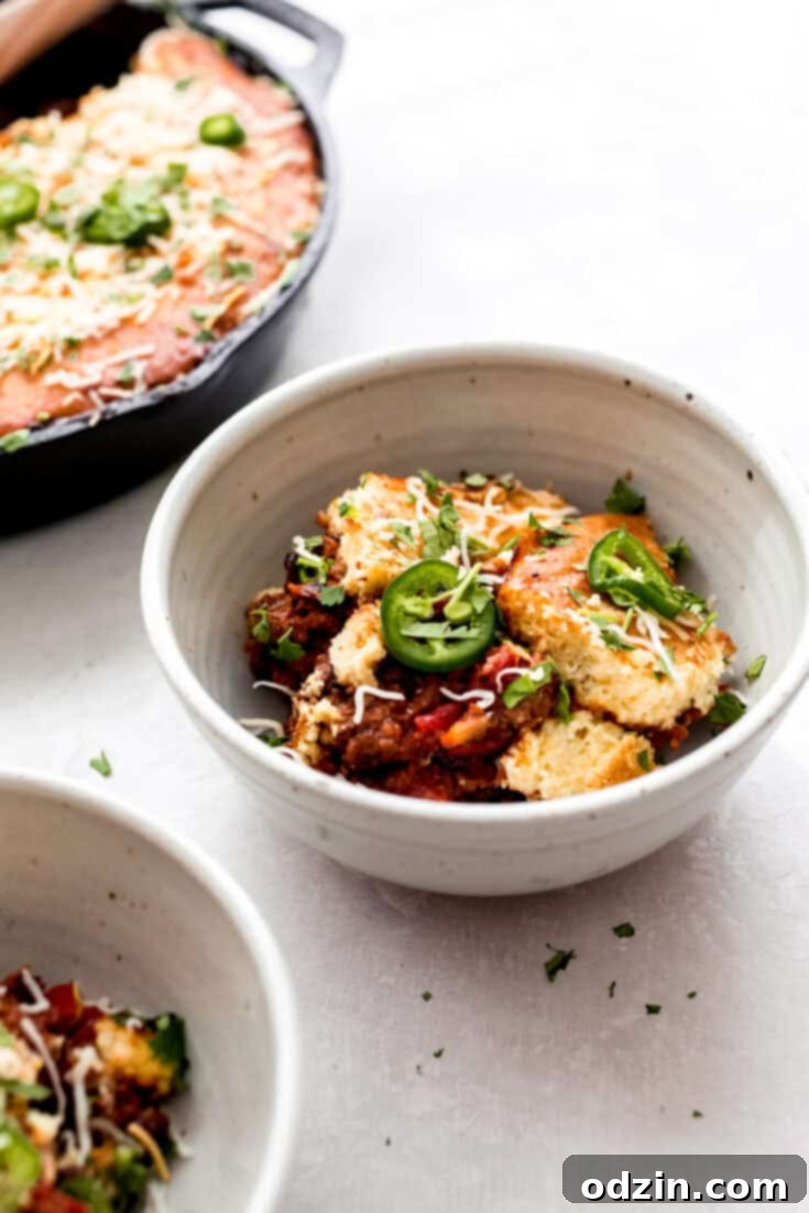 Skillet Chili with Jalapeño Cheddar Cornbread Crust