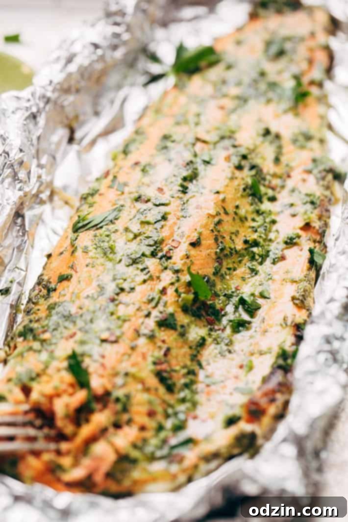Super Easy Baked Salmon in Foil with Chimichurri Sauce - An easy recipe that takes less than 30 minute to make and is perfect for using on salads or serving with roasted veggies! #bakedsalmon #salmoninfoil #chimichurrisalmon | Littlespicejar.com