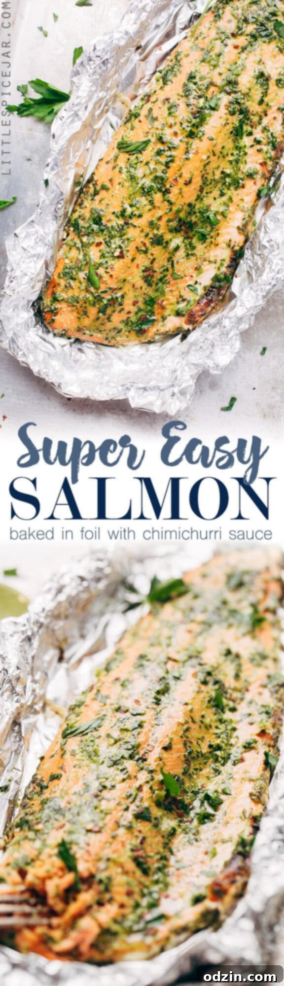 Super Easy Baked Salmon in Foil with Chimichurri Sauce - An easy recipe that takes less than 30 minute to make and is perfect for using on salads or serving with roasted veggies! #bakedsalmon #salmoninfoil #chimichurrisalmon | Littlespicejar.com