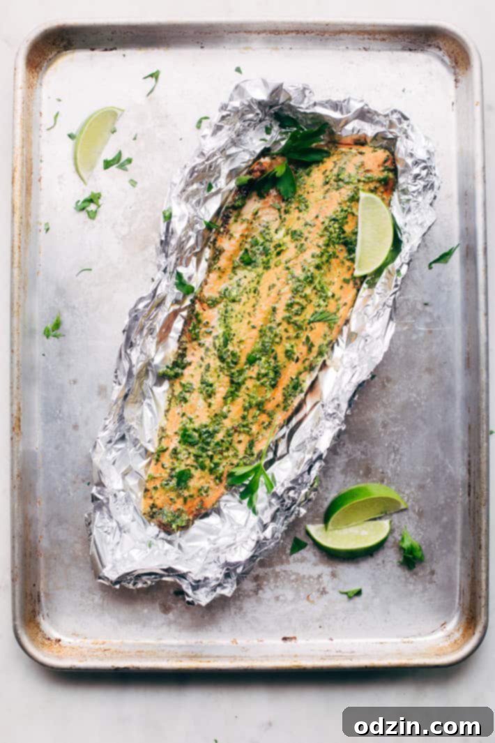 Super Easy Baked Salmon in Foil with Chimichurri Sauce - An easy recipe that takes less than 30 minute to make and is perfect for using on salads or serving with roasted veggies! #bakedsalmon #salmoninfoil #chimichurrisalmon | Littlespicejar.com