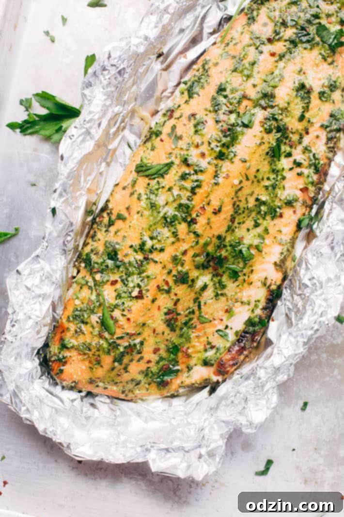 Super Easy Baked Salmon in Foil with Chimichurri Sauce