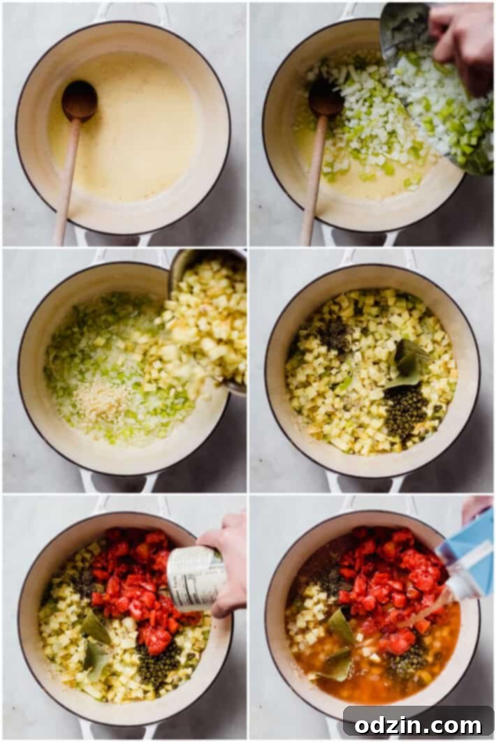 six pictures showing process of sautéing veggies, and simmering the chowder