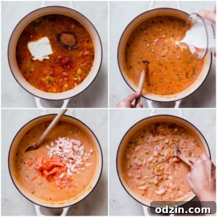four images showing how to add the cream cheese, heavy cream, and seafood to chowder