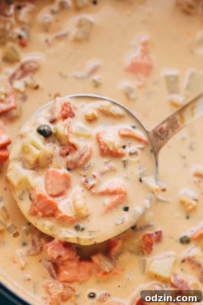 ladle lifting salmon chowder with potatoes from large cast iron pot