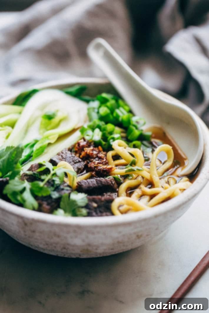Comfy Cozy Taiwanese Beef Noodle Soup - thick and chewy noodles in a homemade. slow simmered broth with tons of tender beef and fresh greens! #beefnoodlesoup #beefsoup #taiwanesebeefnoodlesoup #asiannoodlesoup | Littlespicejar.com
