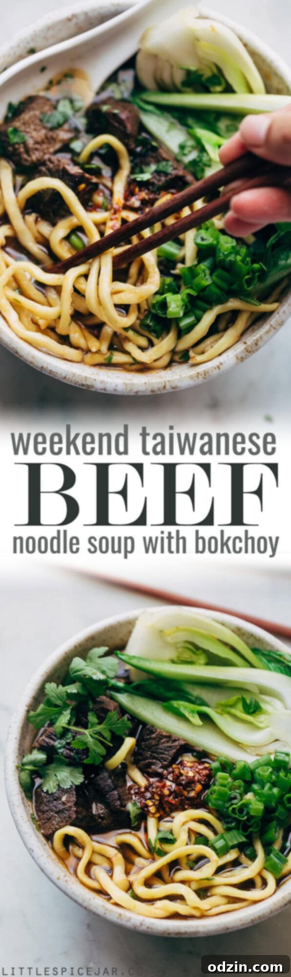 Comfy Cozy Taiwanese Beef Noodle Soup - thick and chewy noodles in a homemade. slow simmered broth with tons of tender beef and fresh greens! #beefnoodlesoup #beefsoup #taiwanesebeefnoodlesoup #asiannoodlesoup | Littlespicejar.com