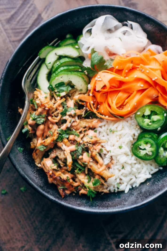 Crispy Chicken Banh Mi Bowls with Veggies - An instant pot recipe for crispy chicken served with rice and tons of veggies! #banhmibowls #banhmi #instantpot | Littlespicejar.com Crispy Chicken Banh Mi Bowls with Veggies - An instant pot recipe for crispy chicken served with rice and tons of veggies! #banhmibowls #banhmi #instantpot | Littlespicejar.com