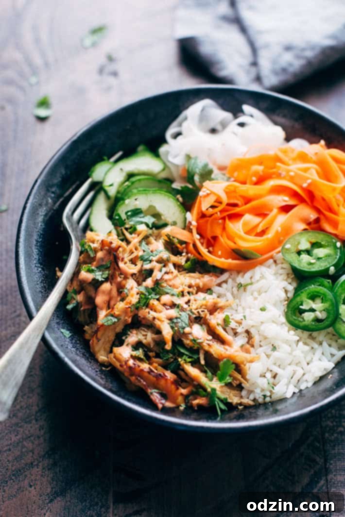 Crispy Chicken Banh Mi Bowls with Veggies - An instant pot recipe for crispy chicken served with rice and tons of veggies! #banhmibowls #banhmi #instantpot | Littlespicejar.com Crispy Chicken Banh Mi Bowls with Veggies - An instant pot recipe for crispy chicken served with rice and tons of veggies! #banhmibowls #banhmi #instantpot | Littlespicejar.com