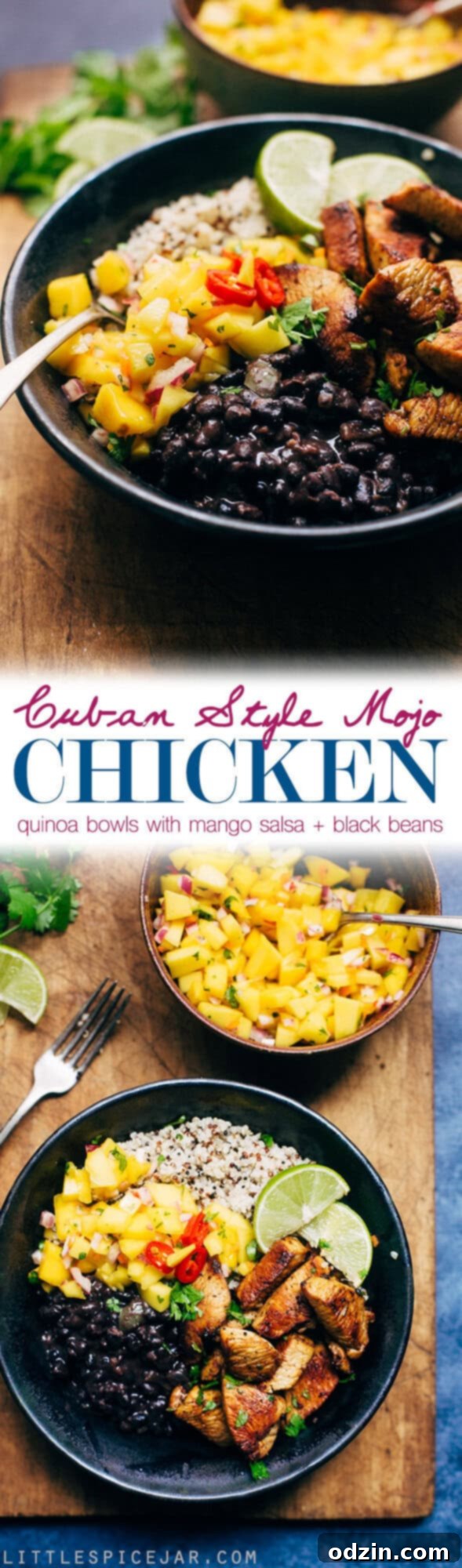 Tropical Mojo Chicken Quinoa Bowls with Mango Salsa and Black Beans 12 Detailed breakdown of a Cuban Mojo Chicken Quinoa Bowl ingredients and assembly