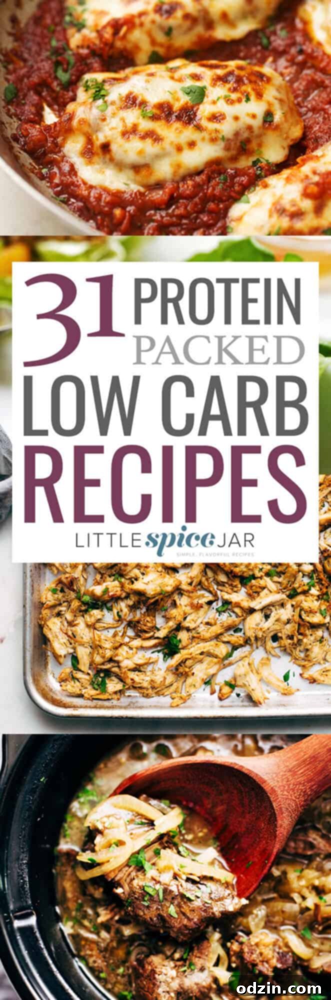 31 Protein Packed Low Carb Recipes. All of these recipes have less than 20 grams of carbs and are all under 500 calories! #lowcarb #protein #dinnerrecipes | Littlespicejar.com @littlespicejar Collage of 31 protein packed low carb recipes under 500 calories
