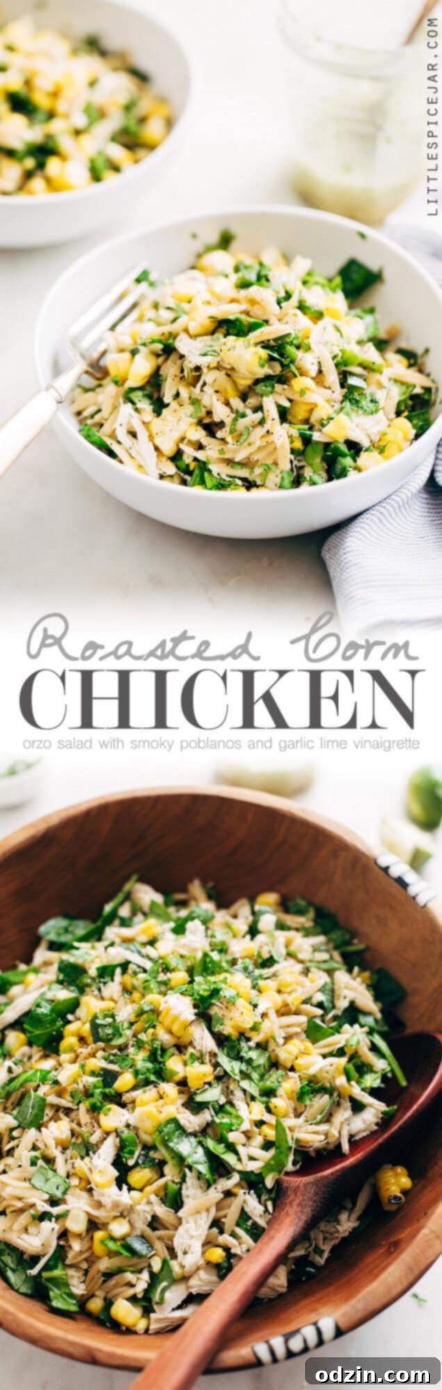 Roasted Corn Chicken Orzo Salad with Garlic Lime Vinaigrette - a simple, clean salad with no creamy dressings. This is perfect to meal prep for the week. #mealprep #healthysalad #chickensalad #pastasalad | Littlespicejar.com Roasted Corn Chicken Orzo Salad with Garlic Lime Vinaigrette - a simple, clean salad with no creamy dressings. This is perfect to meal prep for the week. #mealprep #healthysalad #chickensalad #pastasalad | Littlespicejar.com