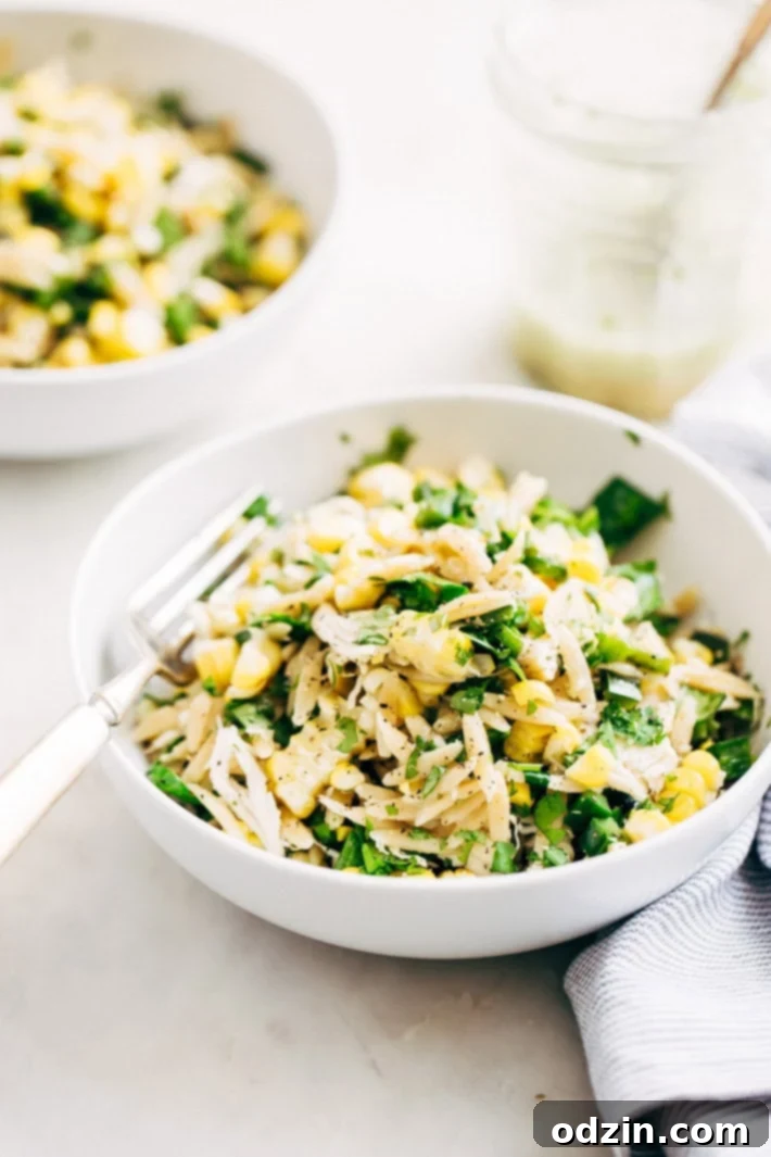 Roasted Corn Chicken Orzo Salad with Garlic Lime Vinaigrette - a simple, clean salad with no creamy dressings. This is perfect to meal prep for the week. #mealprep #healthysalad #chickensalad #pastasalad | Littlespicejar.com Roasted Corn Chicken Orzo Salad with Garlic Lime Vinaigrette - a simple, clean salad with no creamy dressings. This is perfect to meal prep for the week. #mealprep #healthysalad #chickensalad #pastasalad | Littlespicejar.com