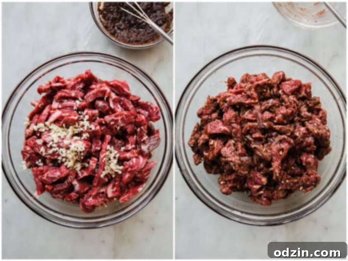Seasoned beef strips marinating in a glass bowl