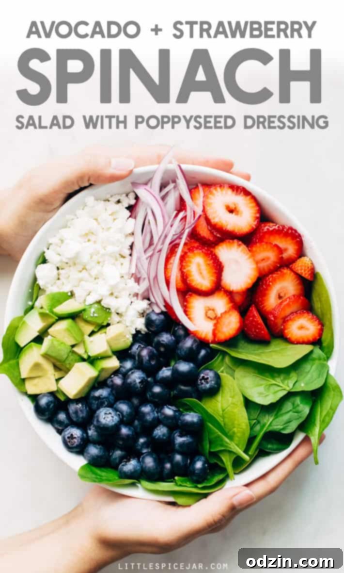 Avocado Strawberry Spinach Salad - topped with a citrusy poppyseed dressing. This salad is perfect for summer barbecues and picnics! #strawberryspinachsalad #spinachsalad #salad #strawberrypoppyseedsalad | Littlespicejar.com Avocado Strawberry Spinach Salad - topped with a citrusy poppyseed dressing. This salad is perfect for summer barbecues and picnics! #strawberryspinachsalad #spinachsalad #salad #strawberrypoppyseedsalad | Littlespicejar.com