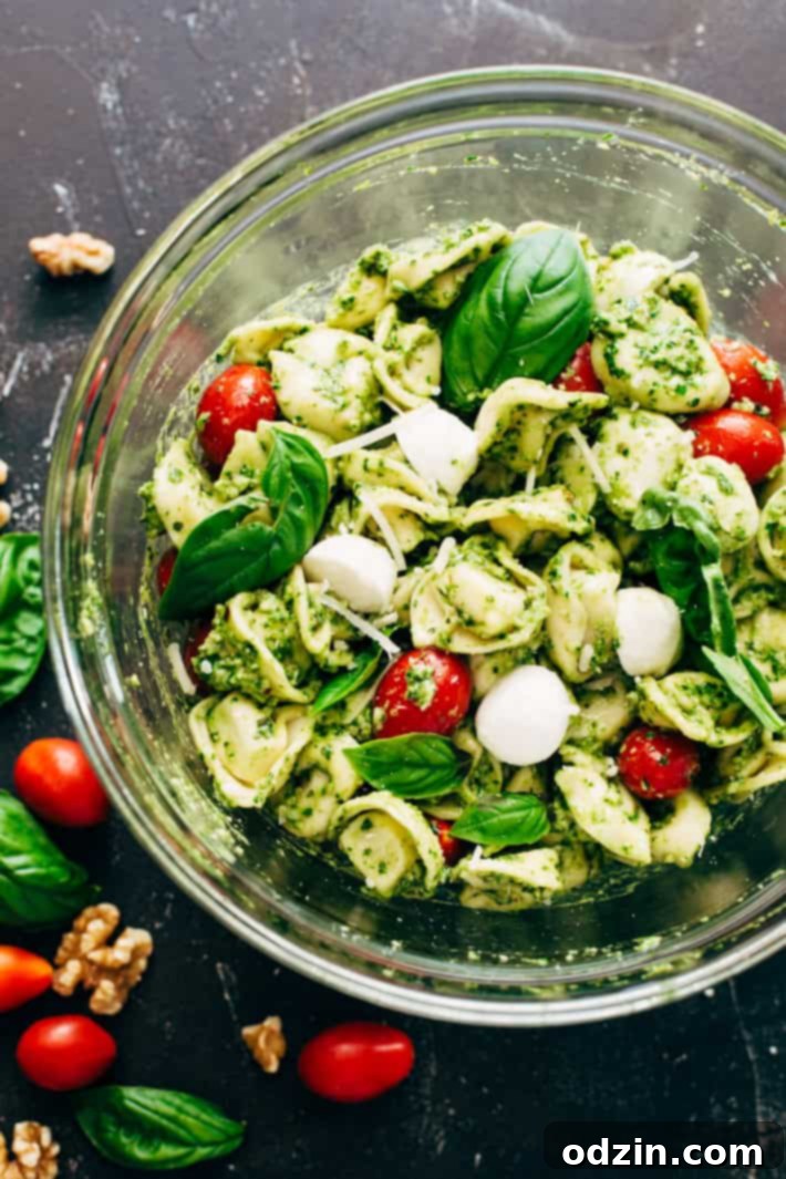 Spinach Pesto Tortellini Salad in a Bowl, Ready to Serve at Gatherings