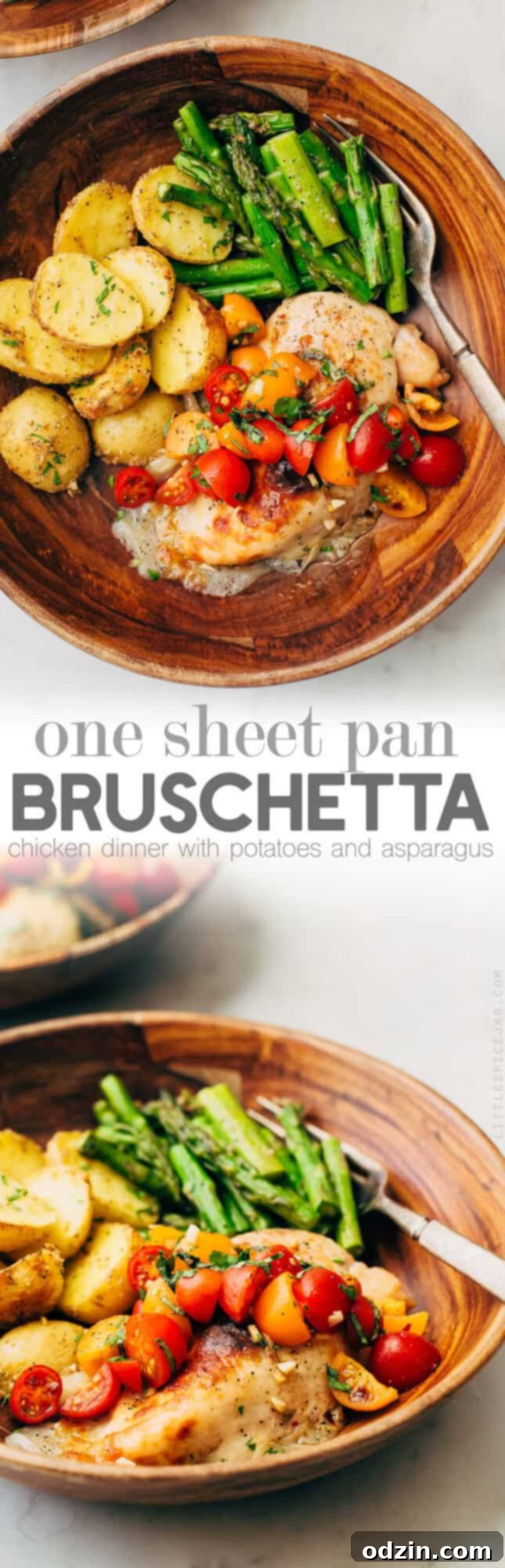 One-Pan Bruschetta Chicken with Roasted Potatoes and Asparagus 4 Close-up of Sheet Pan Bruschetta Chicken with Potatoes and Asparagus