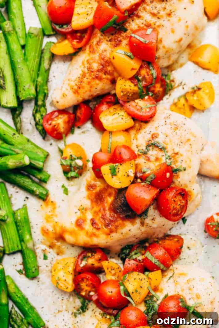 Sheet Pan Bruschetta Chicken with Potatoes and Asparmergus - make a healthy, nutritious dinner all on one sheet pan! #bruschettachicken #roastedchicken #chickenbreast #bruschetta | Littlespicejar.com Sheet Pan Bruschetta Chicken with Potatoes and Asparagus - make a healthy, nutritious dinner all on one sheet pan! #bruschettachicken #roastedchicken #chickenbreast #bruschetta | Littlespicejar.com