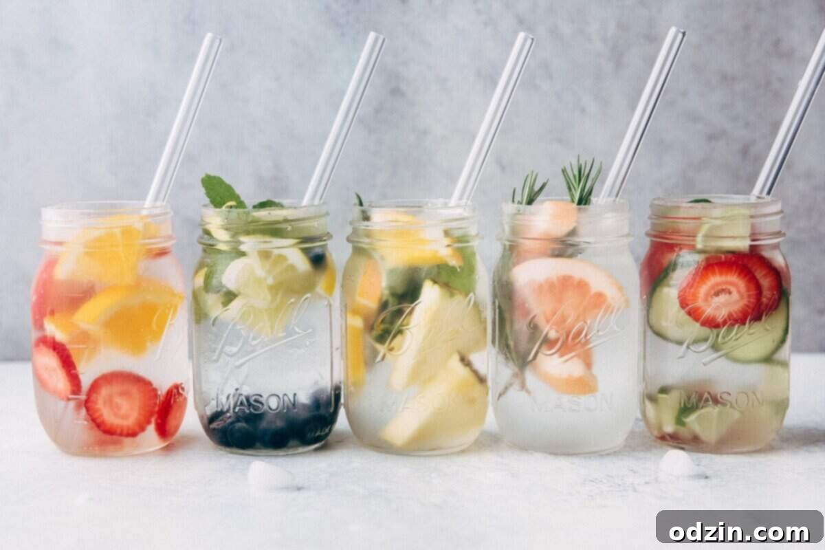 Assortment of fresh fruits and herbs for infused water recipes