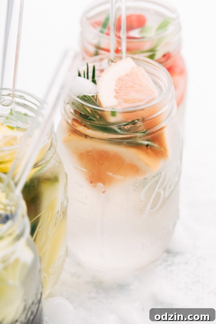 Close-up of Grapefruit Rosemary Infused Water in a glass pitcher