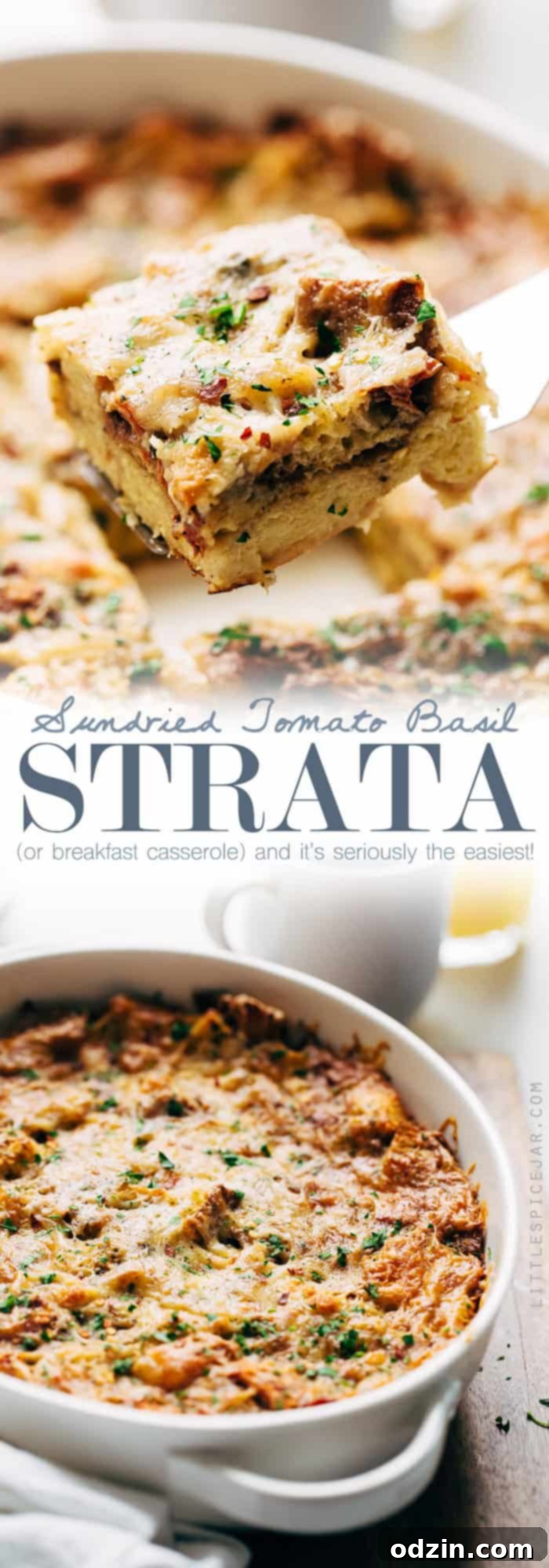 Full shot of the baked Sun-dried Tomato Basil Breakfast Casserole in its dish.