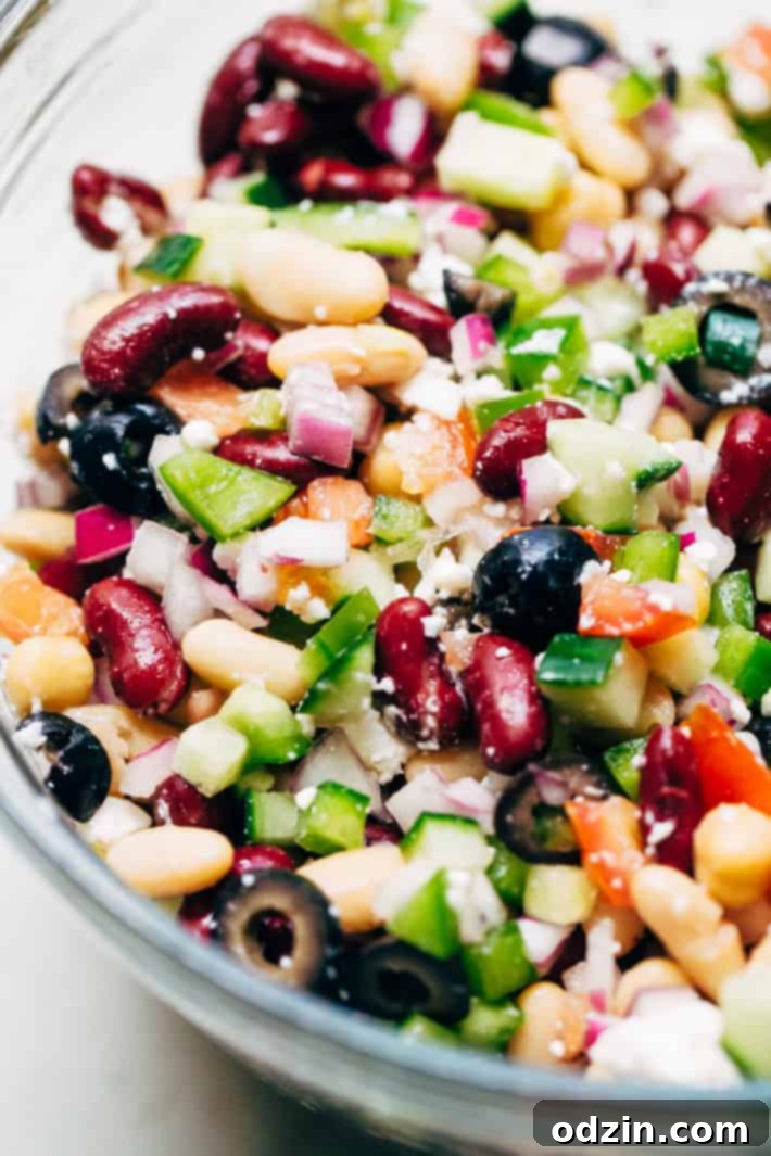 Close-up of Three Bean Greek Salad with homemade lemon dressing