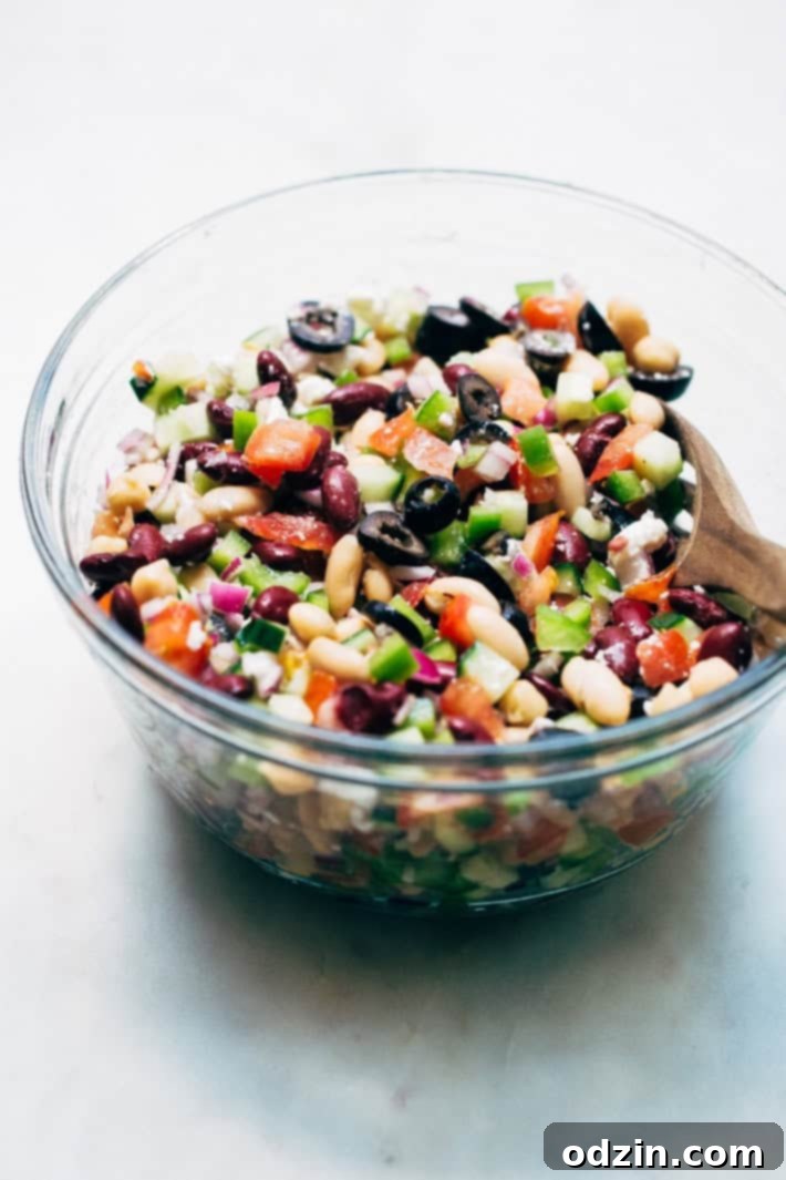 Full bowl of Three Bean Greek Salad ready to eat