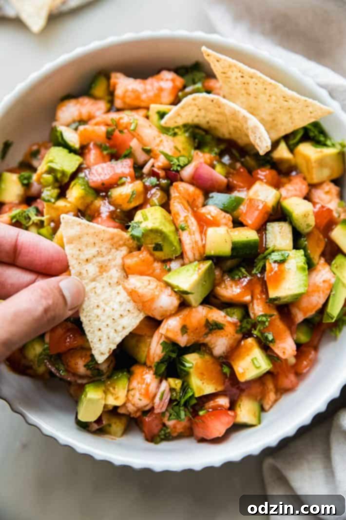 A tortilla chip generously dipped into the vibrant Mexican shrimp cocktail, showing off its rich texture.