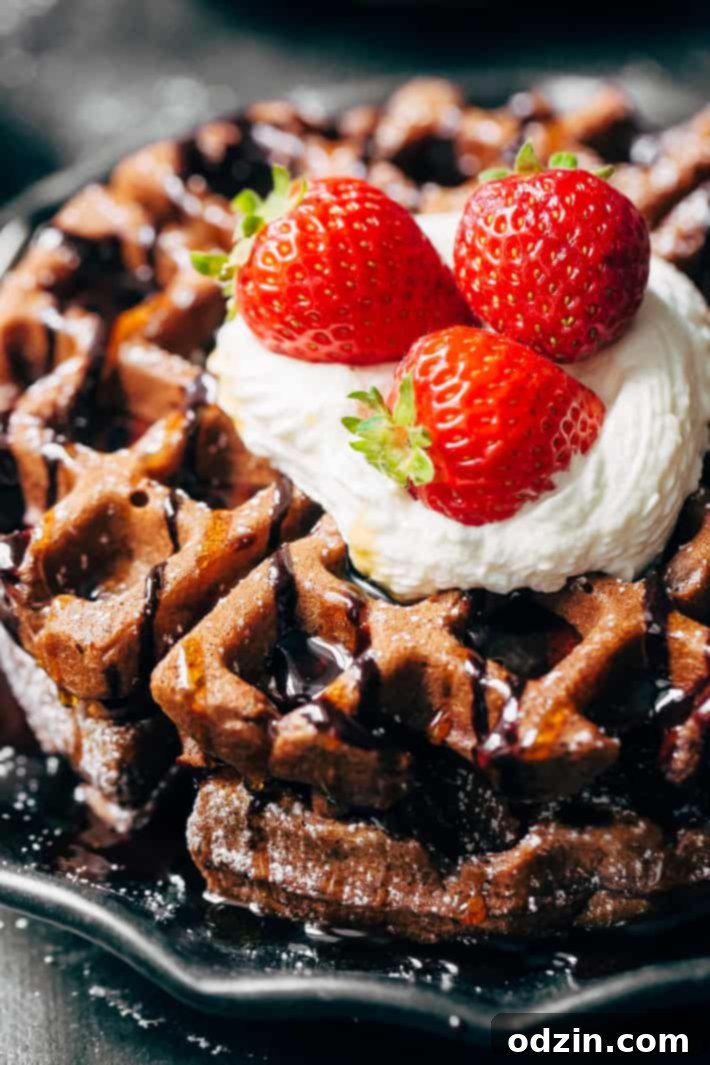 Sweet Chocolate Waffles with Powdered Sugar Chocolate waffles dusted with powdered sugar and chocolate drizzle.