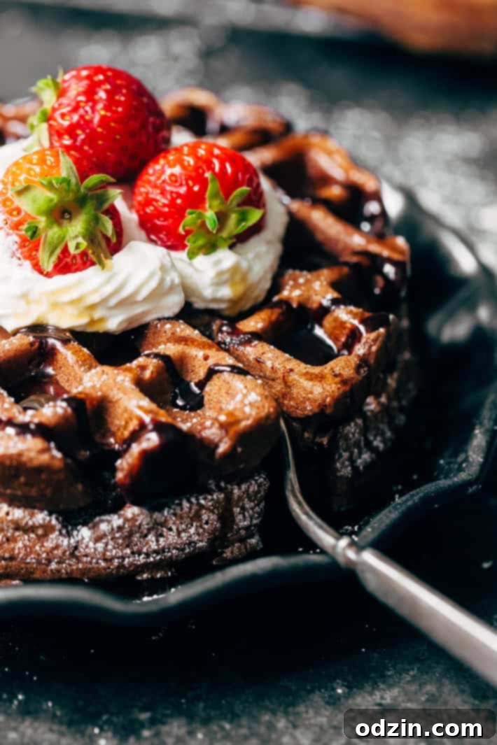 Versatile Chocolate Waffles for Breakfast or Dessert Three chocolate waffles served with a variety of toppings.