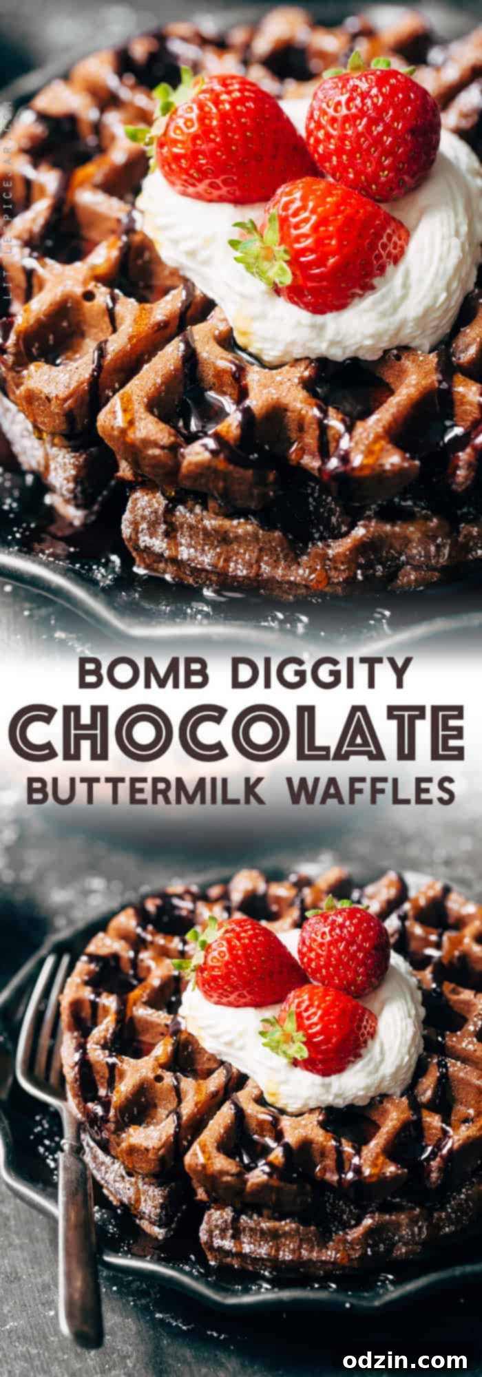 Making Homemade Chocolate Waffles Chocolate waffle batter being poured into a waffle maker.