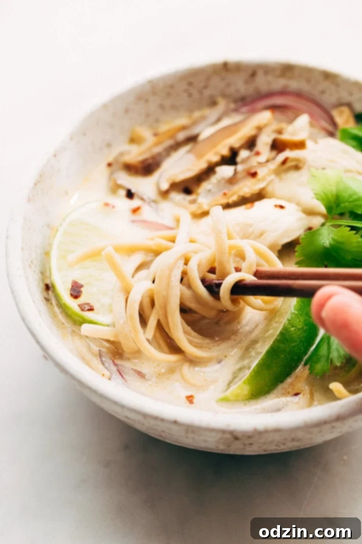 Close-up of creamy coconut noodle soup with chicken and shiitake mushrooms, ready to eat