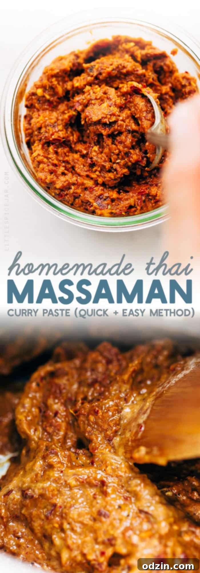 Homemade Thai Massaman Curry Paste - A quick 15 minute paste that's perfect to use in all kinds of curries! This can also be made vegan/vegetarian friendly. #massamancurry #homemadecurrypaste #thaicurry #massamancurrypaste | Littlespicejar.com A beautifully presented bowl of Massaman curry with rice, garnished with fresh herbs, ready to be enjoyed.