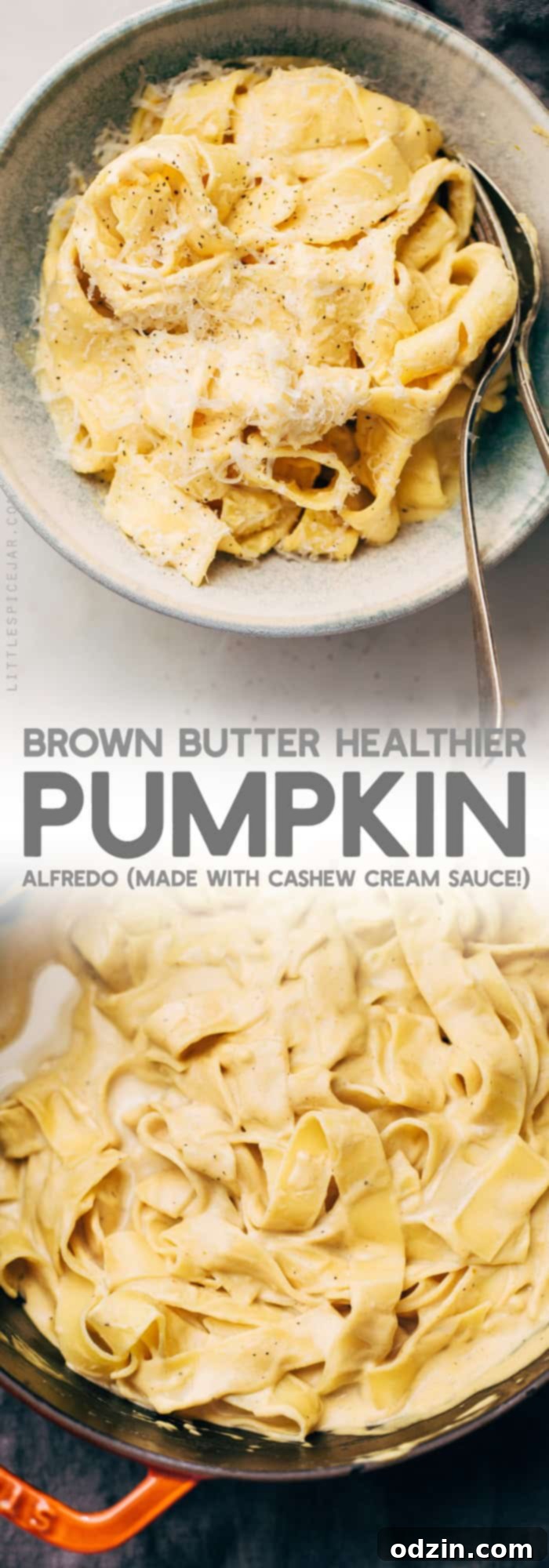 Sage Brown Butter Healthier Pumpkin Alfredo - a homemade pumpkin alfredo with a cashew cream sauce! So good as a side or as a main dish! #healthierpumpkinalfredo #pumpkin #pumpkinalfredo #cashewcreamsauce | Littlespicejar.com