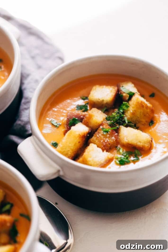 Top-down view of two bowls of creamy Instant Pot Cajun Butternut Squash Soup, garnished with croutons and fresh parsley.
