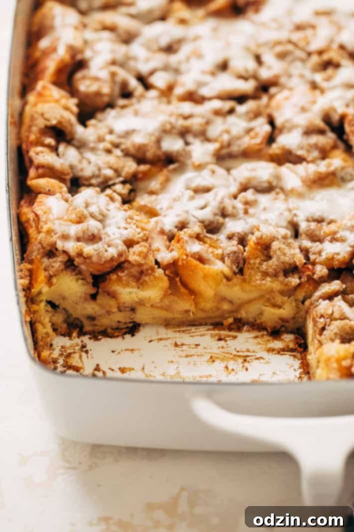 Close-up of Apple French Toast Casserole with rich streusel topping