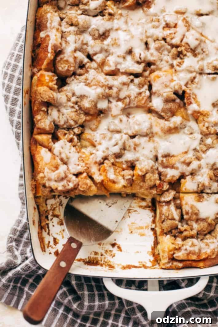 Close-up of Apple French Toast Casserole with sour cream icing