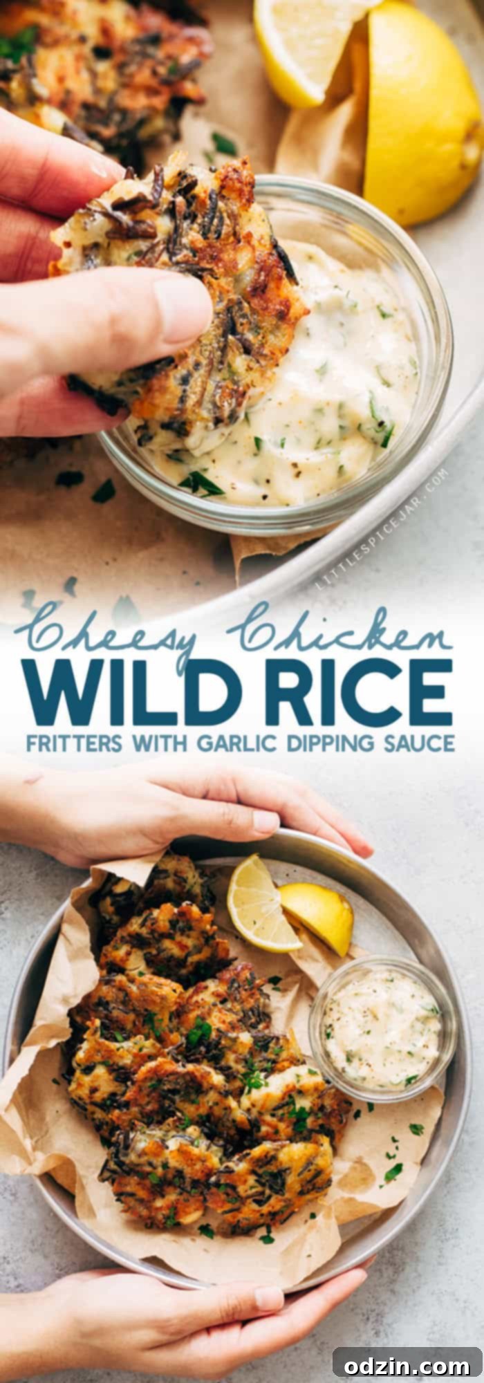 Golden Wild Rice Chicken Fritters with Creamy Garlic Herb Dip 12 Cheesy Wild Rice Chicken Fritters piled high on a serving board